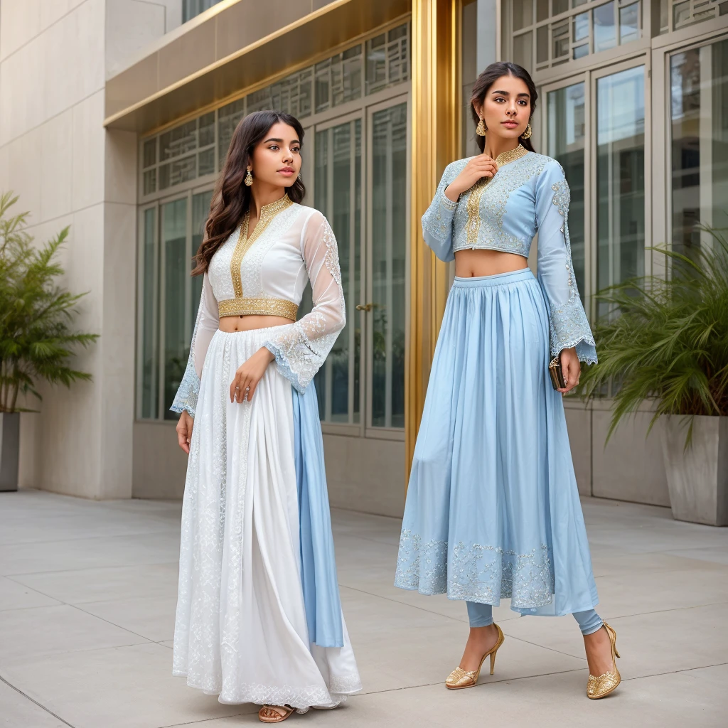 A young woman stands outdoors, wearing a blue sharara. She holds a small golden white purse and is positioned in front of a modern building with large windows. The sharara features intricate lace detailing on the sleeves, adding an elegant touch to her modest attire. Sunlight softly illuminates her, highlighting the texture of her outfit and casting gentle shadows around her. HDR relightning