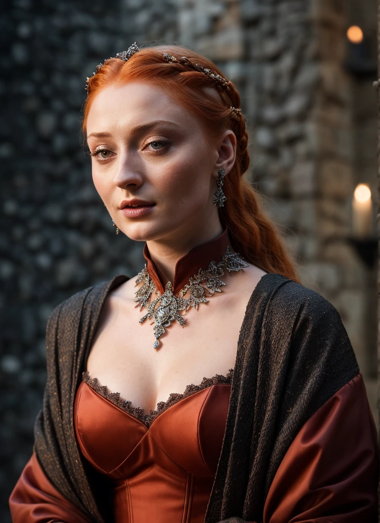 Face of Sophie Turner, Sansa Stark played by Sophie Turner, the de facto Lady of the Eyrie, is a 40-year-old mature queen with a stunning, alluring appearance. Full Face, pierced eyes, reddish lips, upper body shot, erotic Mediaeval costumes, game of thrones costumes, She wears a Game of Thrones-inspired costume and has a deep cleavage, a perfect thick body, and a perfect thick figure. The photograph captures her in a close-up, with her skin texture and facial features being ultra-realistic and realistic. Juicy thick figure, high quality skin, Skin pores, amazing details, snow, snow flakes, semi realistic, extremely detailed eyes, dark moody orange and black settings, cool environment, artificial intelligence