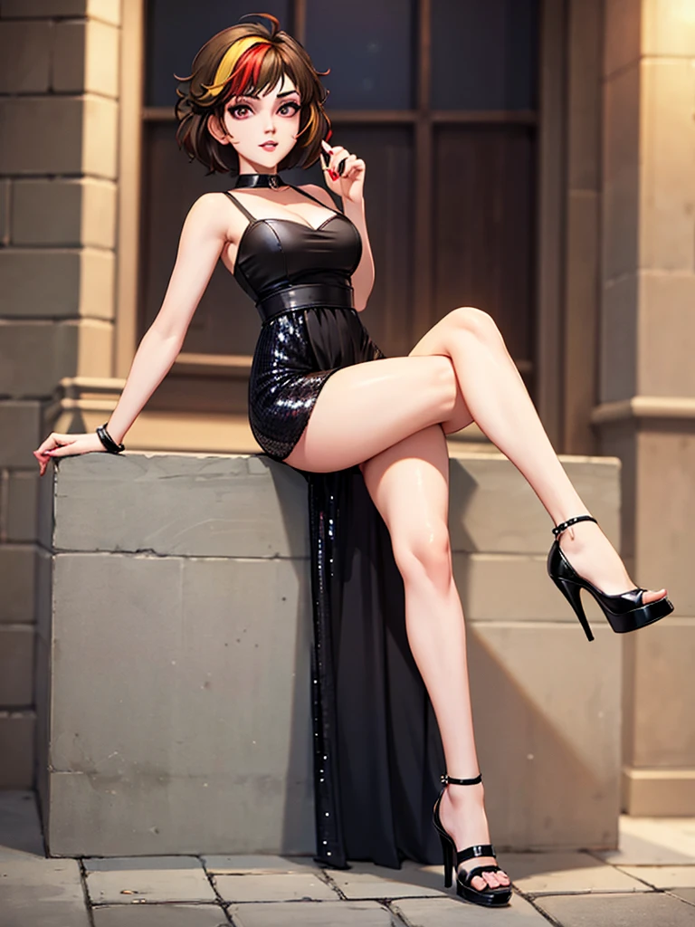 (Finest quality)),(A high resolution),(ultra-detailed art),(Meticulous portrayal),((Best Anime)),(Finest works of art),sharpness,Clear,Ultra-Precision Art,The art of astounding depiction,(masterpiece), high quality, stable diffusion,
short Hair, short ponytail, purple hair, vibrant purple hair, extremely detailed hair, detailed bangs, with bangs,
black hair, blonde hair, red hair,
pretty face, beautiful lips, soft lips,pretty face, close up face, gorgeous beauty,
green eyes,
serious face, pretty nose, beautiful nose, perfect nose, pretty eyes, beautiful eyes, sparkling eyes, detailed eyes, perfect eyes, looking at the camera,
happy, jolly, smiling, seductive, blushing, bukake, happy face, jolly face, excited face,
clear skin,white skin, soft skin, small bust, small breasts, smooth skin,
beautiful girl irene, red velvet irene,
expose shoulders, perfect body, detailed thighs, detailed legs, perfect hands, perfect arms, detailed hands, detailed breasts, detailed nose, detailed lips, detailed arms, sexy body,
show tongue, sexy legs, sexy tongue, drooling,
show whole body,
pretty woman,sweaty face, sexy, seductive, horny, pointy nipples,
cute female wearing black mini tube dress, wearing silk black mini tube dress, silver necklace, mini tube dress, black mini tube dress, tube dress,
body details,
standing full body, full body image from head to toe, sexy model pose, raised arms, hands up,
show legs, cute standing female, horny female dancer idol,
show feet, cute standing pose, spread legs, black sandals,