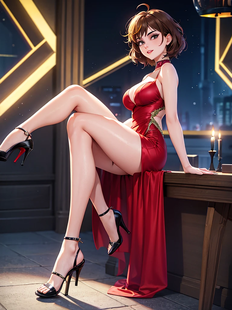 merula, yellow high heels, sexy red labial, tonified legs, grey sequin dress, brunette hair, full body, thighs