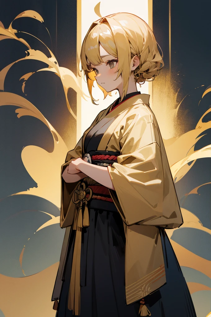 Adult, Female, samurai Clothing, Standing pose, Town background. Gold Hair