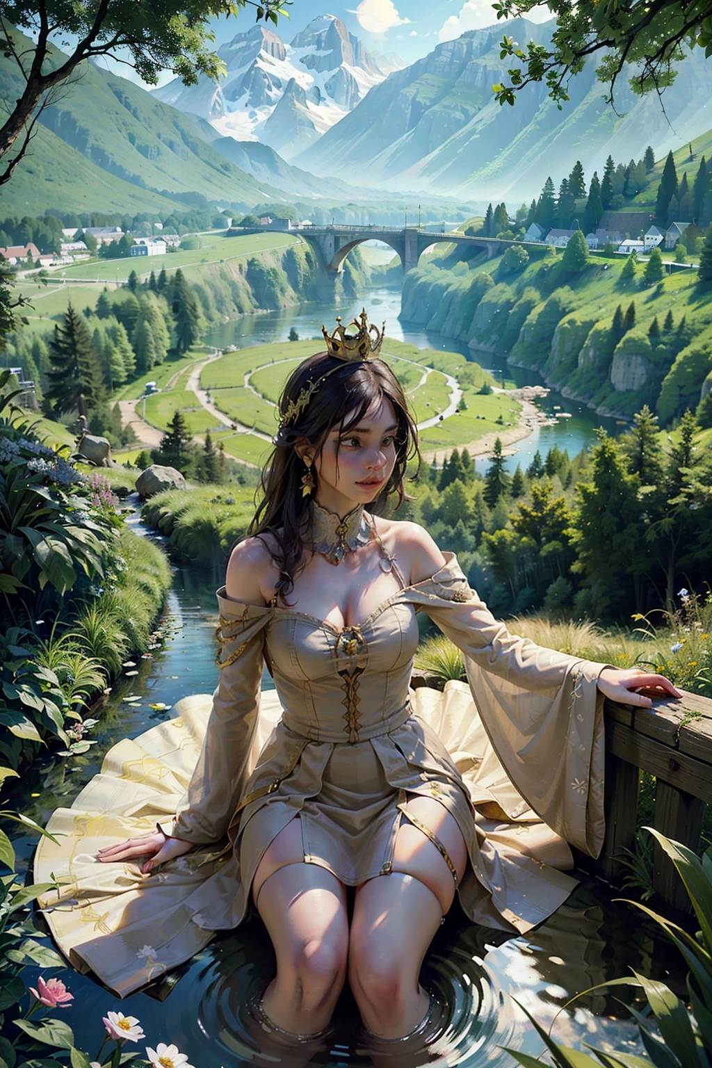 ((Best quality)), ((masterpiece)), (detailed), Magnificent Valley, immersed in greenery and peace, as if carved from the most vivid dreams. Dense forest frames vast meadows, strewn with peaceful flowers of multi-colored shades. river, silently wriggling among the trees, seems to be mysteriously beckoning with its clear water.
Majestic mountains rise in the middle of the valley, crowned with sparkling peaks, as if inaccessible to the human eye. The sun's rays filter through their cover of fluffy clouds., creating a shimmering cocoon of light, in which you want to immerse yourself and forget for centuries.