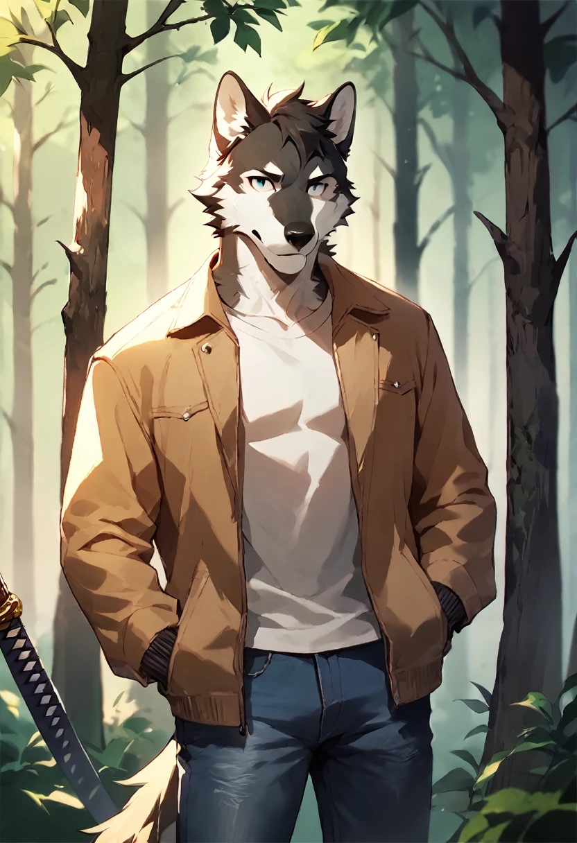 score_9, score_8_up, score_7_up, score_6_up, score_5_up, score_4_up, (solo), male anthro wolf, solo, forest, medium length hair, jacket, shirt, jeans, katana