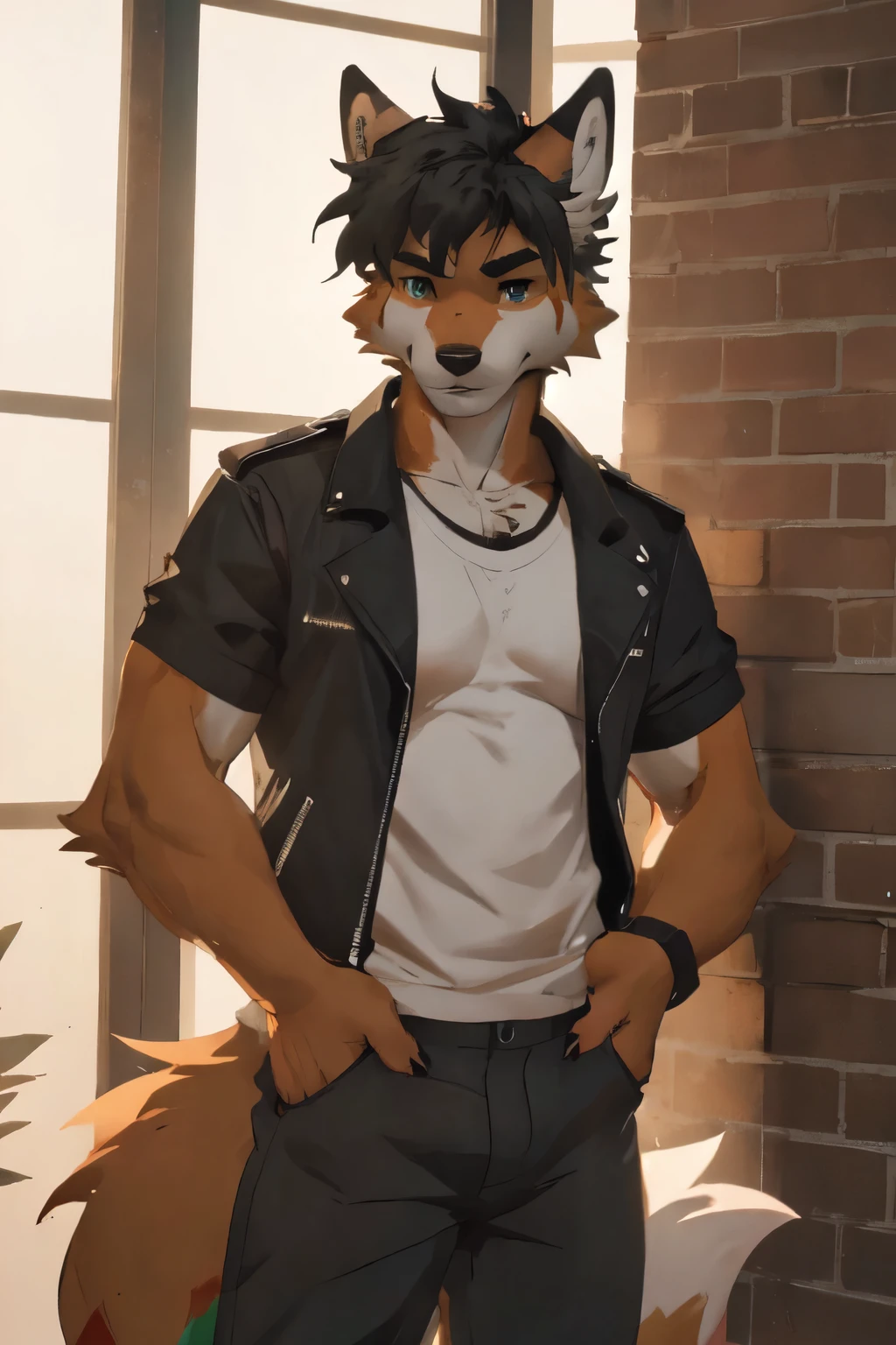Sexy posting, 1Male, 30 years old, cute, eyeliner, lip biting smile, black leather jacket, anthro, wolf ears, Timberwolf, (front yard side walk background), 8k, hi res, (best quality, masterpiece), detailed fur, red collar, blue jeans, blue eyes, standing, seductive. Black fur