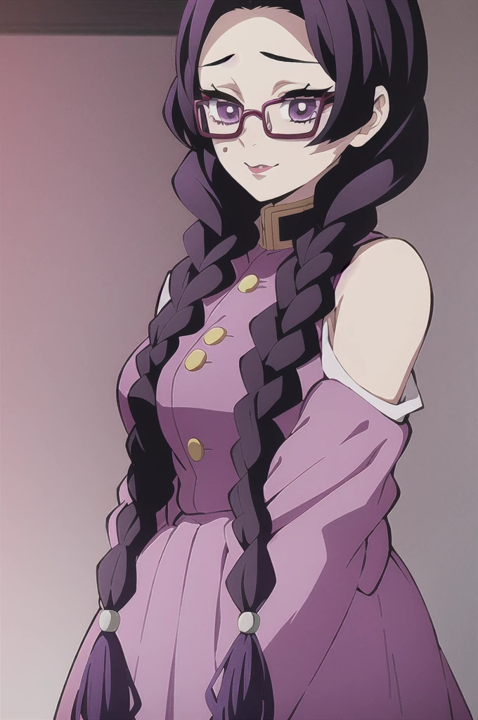 kimetsu no yaiba style, 1girl, dark purple hair with two braids, bangss, dark purple eyes big eyelashes, pink lips and a burn mark on the left eye, red square glasses, 's uniform