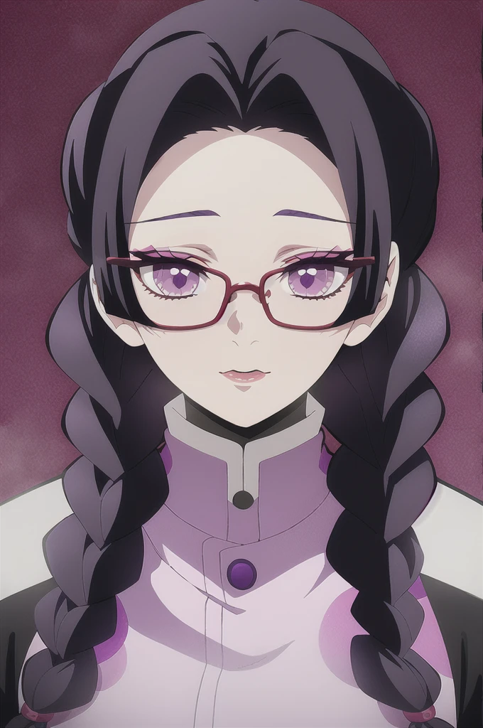 kimetsu no yaiba style, 1girl, dark purple hair with two braids, bangss, dark purple eyes big eyelashes, pink lips and a burn mark on the left eye, red square glasses, 's uniform