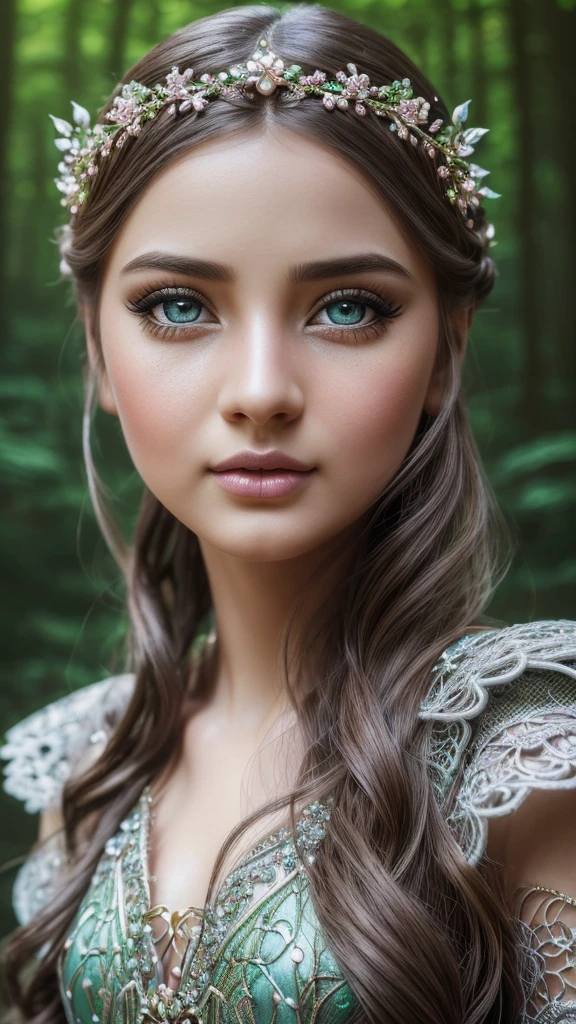 A jidgy girl, beautiful detailed eyes, beautiful detailed lips, extremely detailed eyes and face, long eyelashes, intricate fantasy outfit, whimsical pose, magical forest background, (best quality,4k,8k,highres,masterpiece:1.2),ultra-detailed,(realistic,photorealistic,photo-realistic:1.37),fantasy,vibrant colors,dramatic lighting