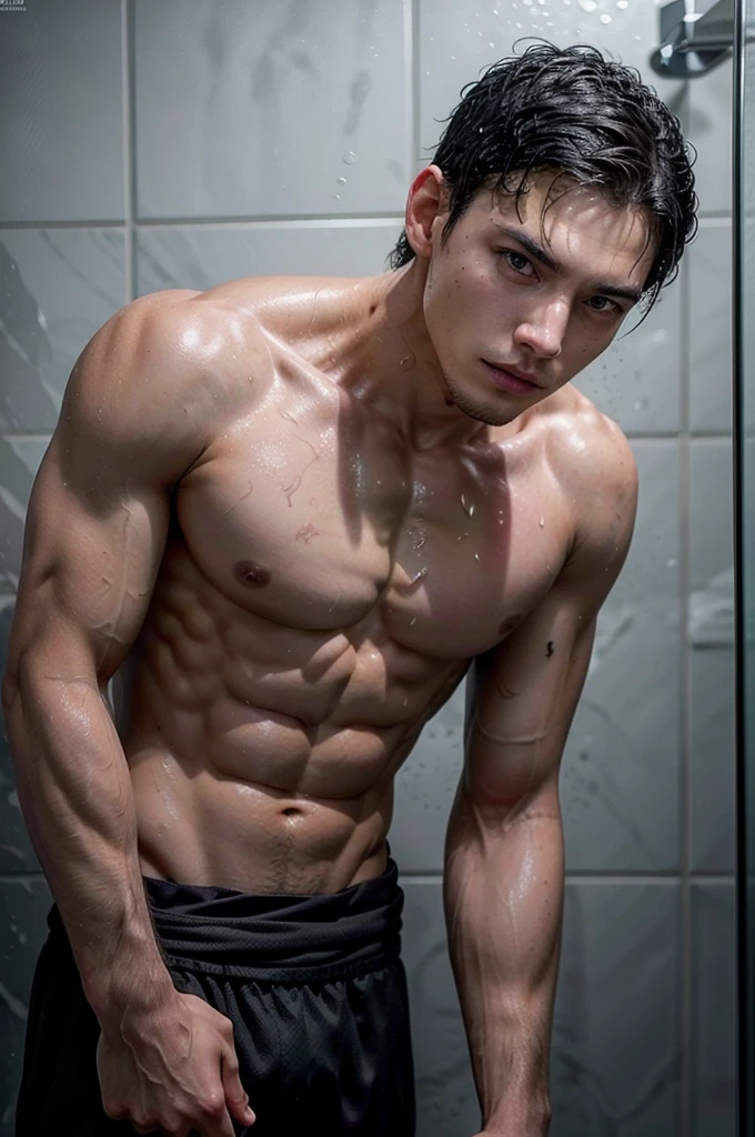shirtless man, tall and fit, with short black hair, while sexy modeling, in the shower wet in different positions.