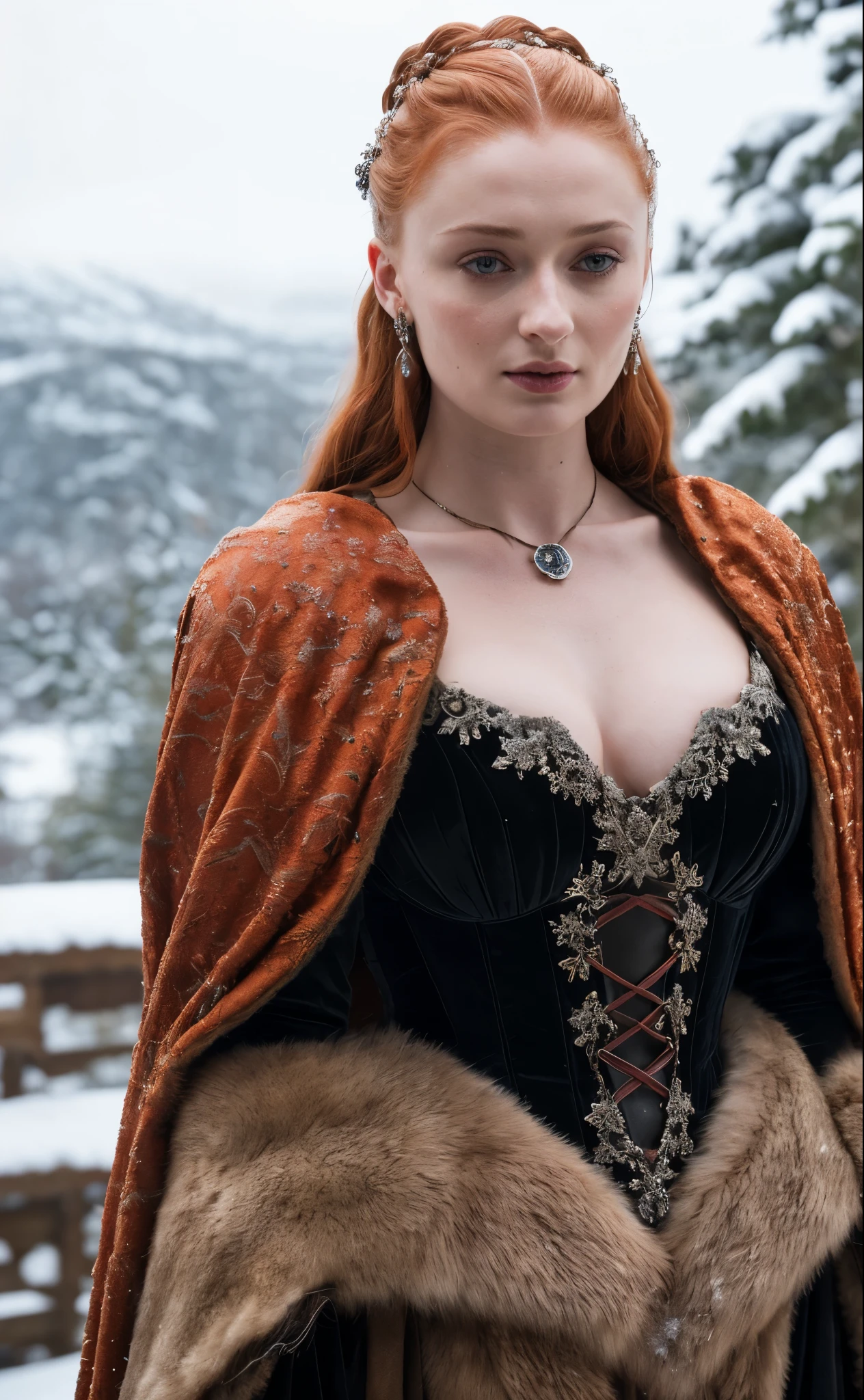 Face of Sophie Turner, Sansa Stark played by Sophie Turner, the de facto Lady of the Eyrie, is a 40-year-old mature queen with a stunning, alluring appearance. Full Face, pierced eyes, reddish lips, upper body shot, erotic Mediaeval costumes, game of thrones costumes, She wears a Game of Thrones-inspired costume and has a deep cleavage, a perfect thick body, and a perfect thick figure. The photograph captures her in a close-up, with her skin texture and facial features being ultra-realistic and realistic. Juicy thick figure, high quality skin, Skin pores, amazing details, snow, snow flakes, semi realistic, extremely detailed eyes, dark moody orange and black settings, cool environment, artificial intelligence, winter, winter scene, 