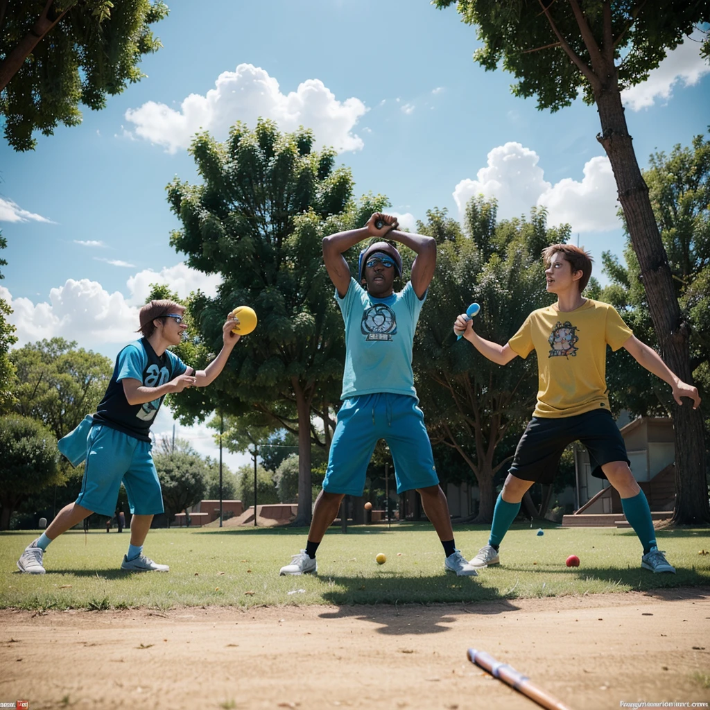 "A colorful park with Mordecai and Rigby from Regular Show playing with a frisbee, Finn and Jake from 'Adventure Time' using stretch powers to reach an apple on a tree, Gumball and Darwin from 'The Amazing World of Gumball' running and chasing each other, and Spider-Man hanging on a spider web from a tree, observing the other characters with a smile. All characters have their original animation styles and are interacting in a friendly manner."
They may be fighting against the lich or different entities. In an animated pencil style and easy to draw like a sketch.
