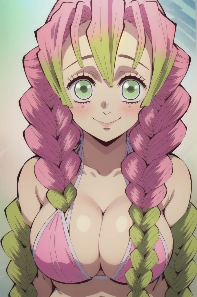 (masterpiece, best quality),  intricate details,
MitsuriKanroji,  kanroji mitsuri, 1girl, solo, long hair, winking, green eyes, pink hair, braid, green hair, twin braids, smile, cute smile, blushed smile, blush, blushing, large breast, huge breasts, bikini top, collarbone, neck, bare shoulders, pink bikini top, cleavage, top angle, shot from above, perfect shot, plain background, white background, photoshoot, complete head in frame, zoomed out, top of head, perfect shot, perfect framing, background 