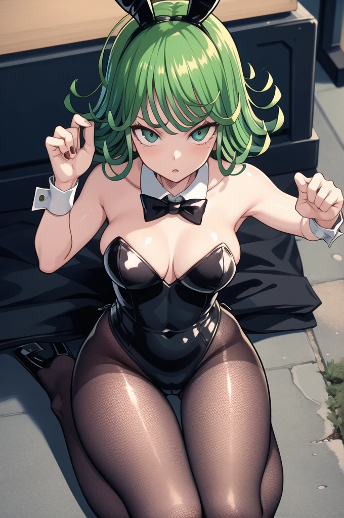 masterpiece, best quality, 1girl, tatsumaki, one-punch man\(series\), , baba, playboy bunny, detached collar, bowtie, fishnet pantyhose, outdoors, comiket, shiny skin, from above, thigh thighs