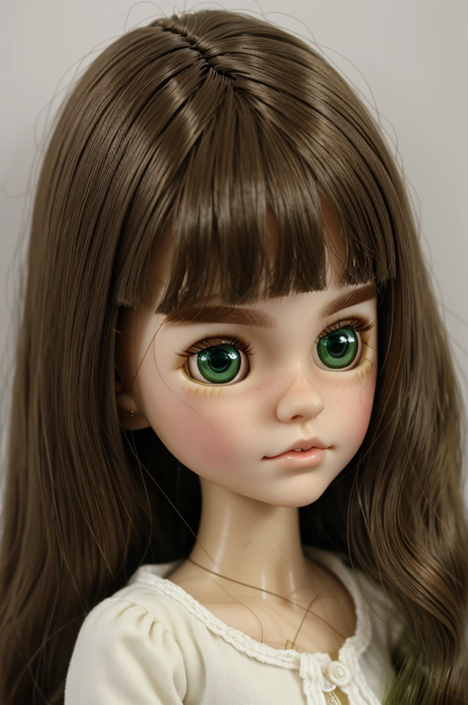 Blythe doll with light green eyes, wavy brown hair, white skin, no bangs, a mole on her cheek, and thin straight eyebrows
