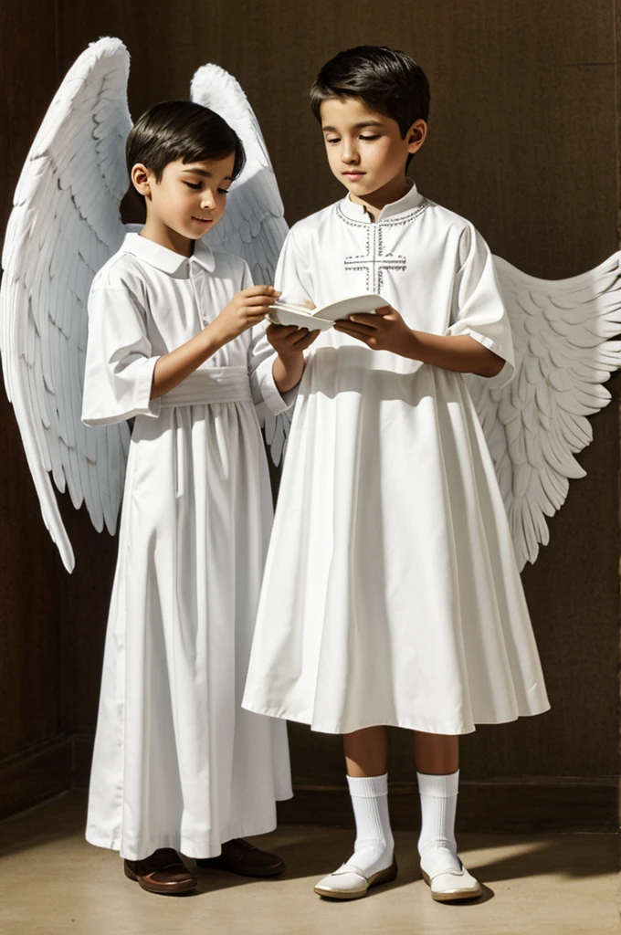 Communion boy with angel in white dress drawing