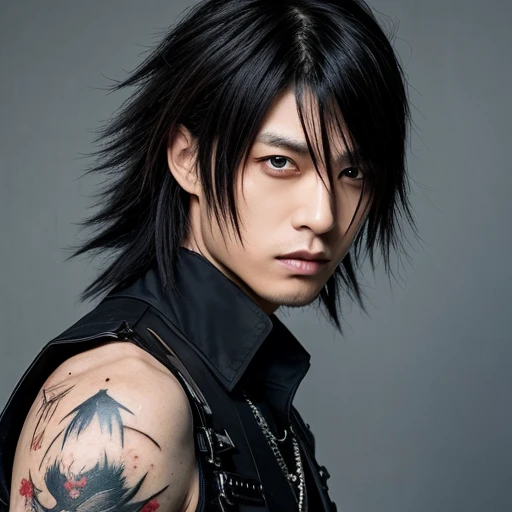 1 japanese male Gothic rocker, asien eyes, Visual Kai hairstyle, ultra detailed face and body, hyperrealistic, realistic representation, muscular, broad shoulders, tattoos gothic style, Visual Kei style, hairstyle Visual Kei, blond, 40 years old, age 40 outfit gothic streampunk, men's shirt and black pants, Asian eyes, eyes Asian, long hair