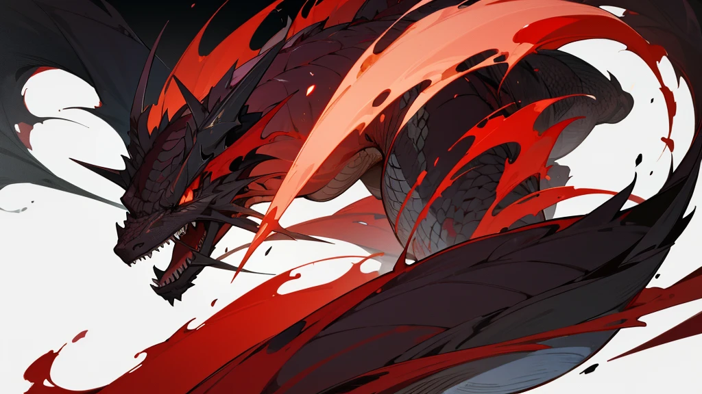 Japanese dragon, full width, beautiful red with black details, black background. A kind dragon, beautiful, clear lines.