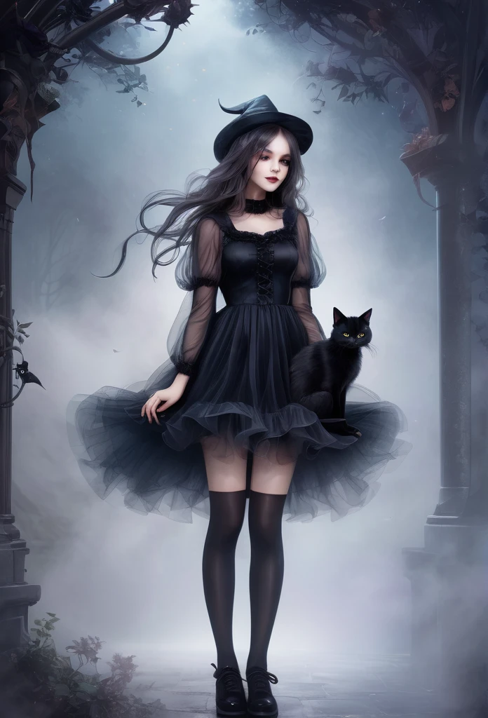 witch girl,full body,short tulled dress, translucent socks,shoes, cuddling a beautiful furry black cat,mist background,(high quality),(refined details),(delicate details),(fantasy illustration)