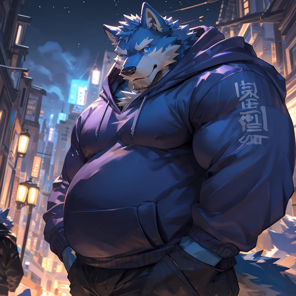 bynamic angle,depth of field, motion blur, absurdres,looking at viewer, (best quality), (masterpiece), (ultra detailed),(detailed eyes),sharp focus,manga,anthro male Blue Wolf,(muscular),Huge Chest , Big belly ,((sweatshirt)),sky blue eyes,handsome,night,(flex one’s biceps),by lindong