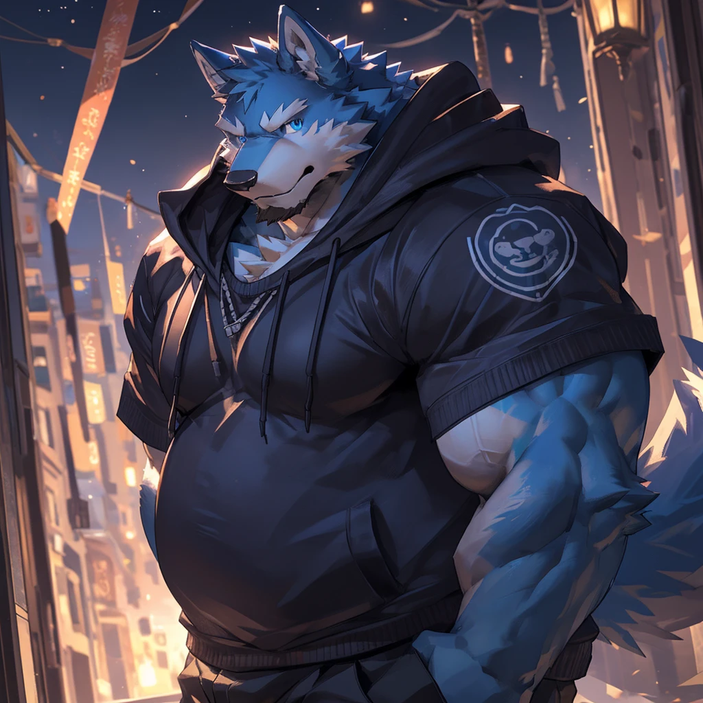 bynamic angle,depth of field, motion blur, absurdres,looking at viewer, (best quality), (masterpiece), (ultra detailed),(detailed eyes),sharp focus,manga,anthro male Blue Wolf,(muscular),Huge Chest , Big belly ,((sweatshirt)),sky blue eyes,handsome,night,(flex one’s biceps),by lindong