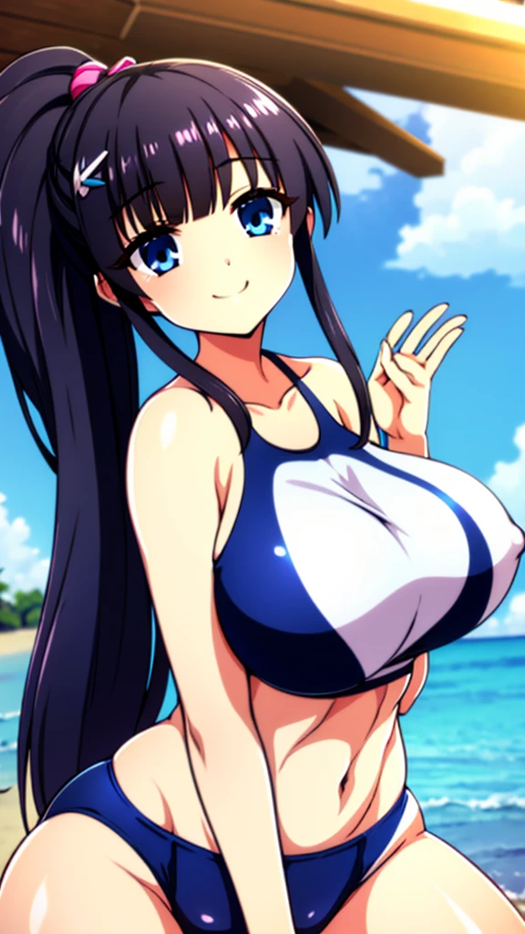 best quality,extremely detailed,anime style,1girl,Long hair down to the waist,straight hair,Dark black hair with bluish,Braid on top of the head,ponytail,beautiful detailed eyes,pinched eyes,dark blue eyes,huge breasts,smile,((dynamic pose)),white base swim clothing, Fluttering and mysterious clothes,((hair ornament)),beach,summer