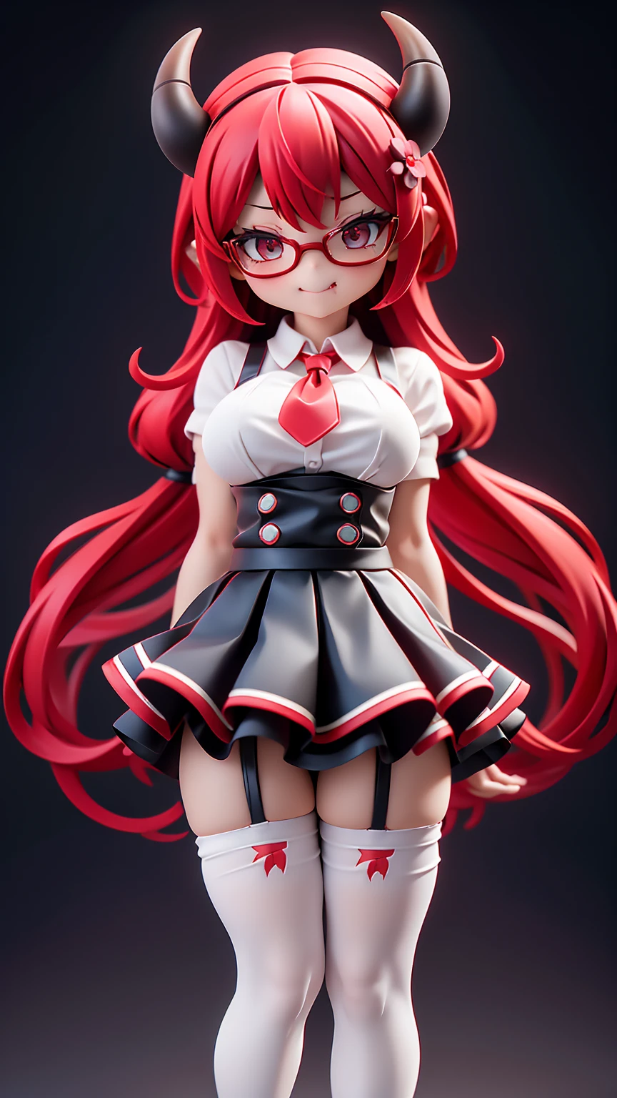 work, best quality, girl, red demon, oni, horns, little devil, a little scary, spooky, long hair alternative, bob hair, red hair, bow hair, aqua eyes, glasses, teacher, teacher unigorm, seductive smile, Tongue, black eyes, long eyelashes, big breasts, There is a mole on the chest, White shirt, black skirt, high heeled, shoe, period, hair ribbon, flower ribbon, hair_ribbon, hair_ribbon, hair_flower, tall, ((stockings opaque:1.4)), high resolution, textured