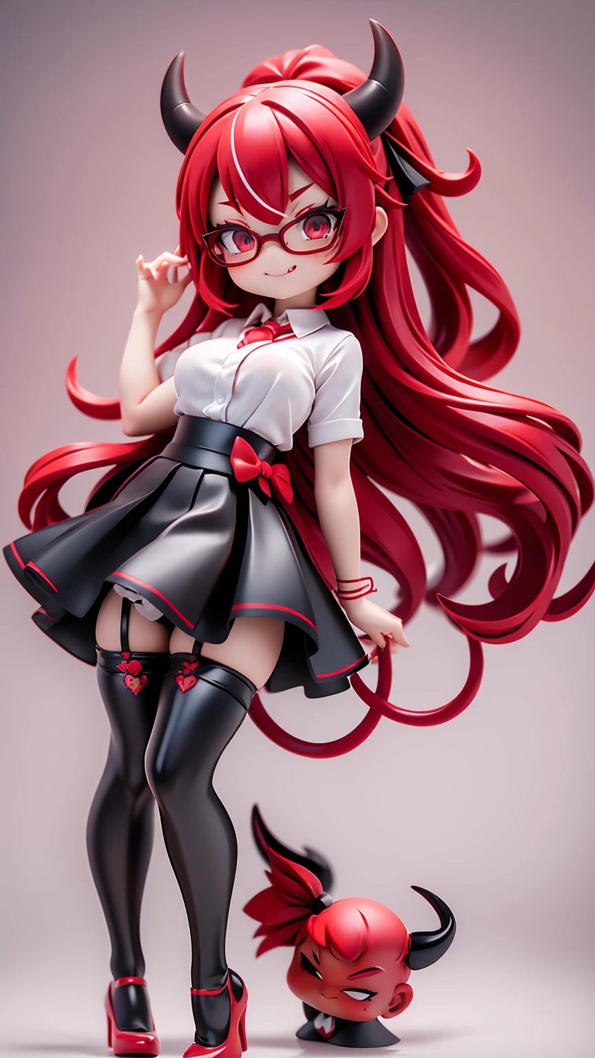 work, best quality, girl, red demon, oni, horns, little devil, a little scary, spooky, long hair alternative, bob hair, red hair, bow hair, aqua eyes, glasses, teacher, teacher unigorm, seductive smile, Tongue, black eyes, long eyelashes, big breasts, There is a mole on the chest, White shirt, black skirt, high heeled, shoe, period, hair ribbon, flower ribbon, hair_ribbon, hair_ribbon, hair_flower, tall, ((stockings opaque:1.4)), high resolution, textured