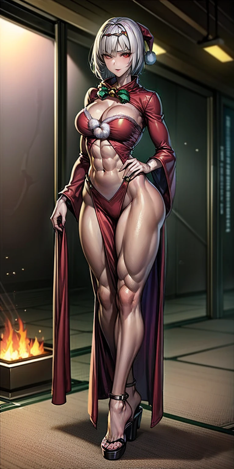 (((1 girl))), (Cassia Orsellio), (short white hair), (Red eyes), , (((wearing a sexy Santa suit))), (Full body view), (in the motel room), (((slender, muscular legs))), thin waist, Stomach Muscles, big ass, (((Full body photo))), black high heel shoes, (standing with one eye closed and showing her very sensual tongue), (((very sensual expression))), (HDR), eye reflection, extended eyes, extended eyes, moody, cheered up, minimalism, cheered up style, ray tracing, cinematic lighting, cinematic lighting, shine, shine, jpeg artifacts, bright light, rays of god, ray tracing, drop shadow, panorama, Sony FE, from behind, below, below, UHD, piece of teacher, necessary, necessary, anatomically correct, super detail, high quality , Best Quality , very high, 16k