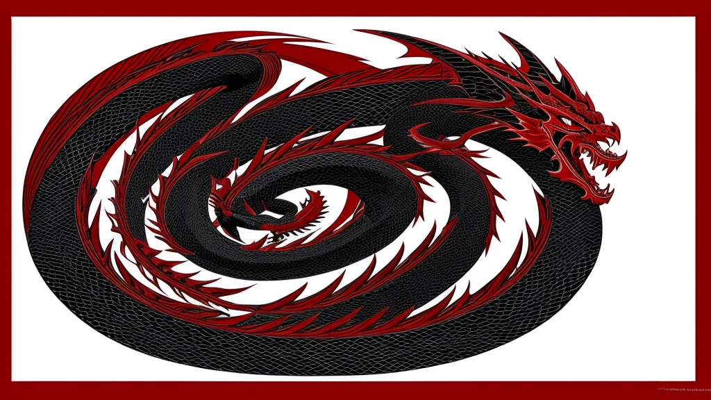 Japanese dragon, full width, beautiful red with black details, black background. A kind dragon, beautiful, clear lines.