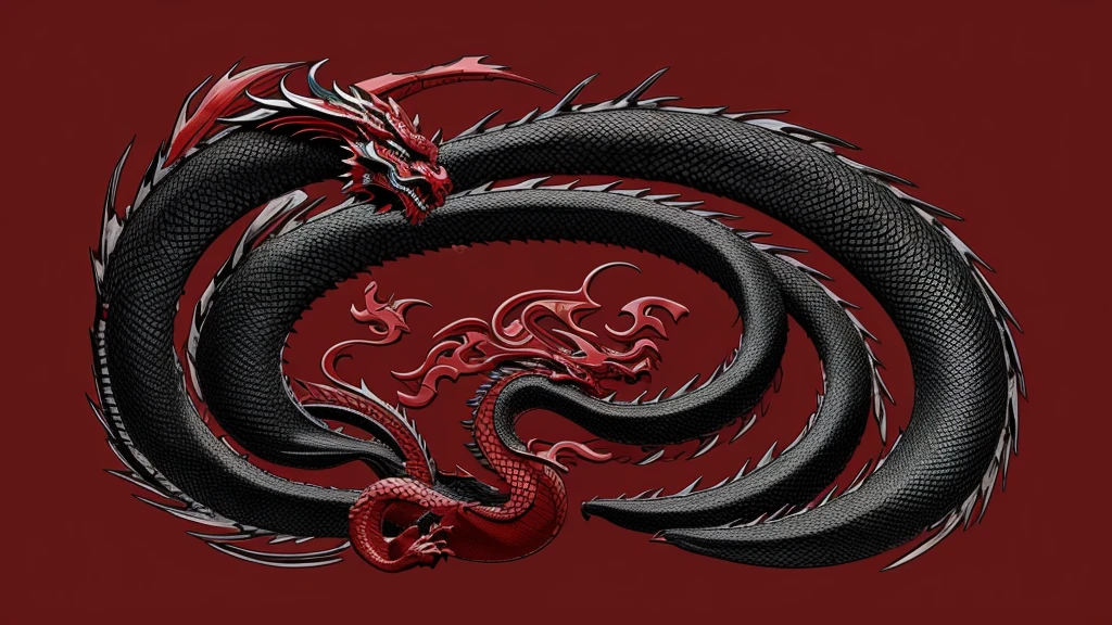 Japanese dragon, full width, beautiful red with black details, black background. A kind dragon, beautiful, clear lines.