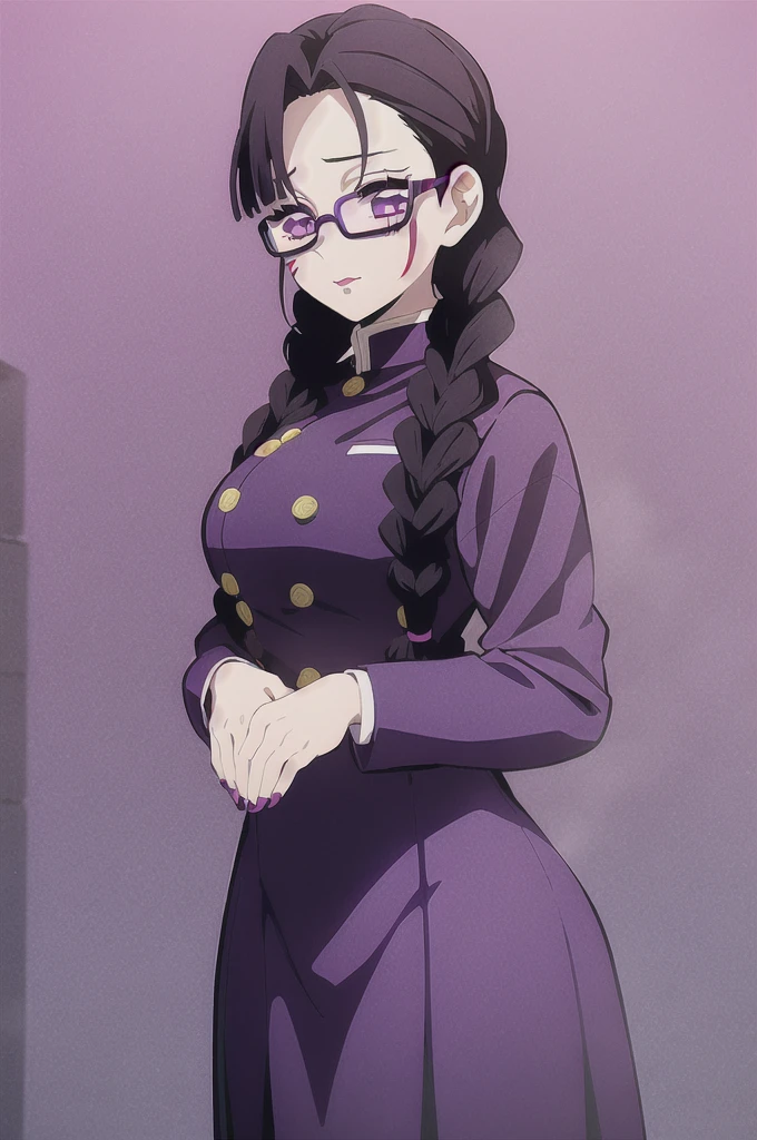 kimetsu no yaiba style, 1girl, dark purple hair with two braids, bangss, dark purple eyes big eyelashes, pink lips and a burn mark on the left eye, red square glasses, 's uniform