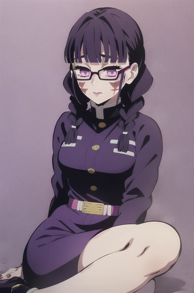 kimetsu no yaiba style, 1girl, purple hair with dark bangs with two braids, bangss, dark purple eyes big eyelashes, pink lips and a burn mark on the left eye, red square glasses, dark blue uniform, in a field