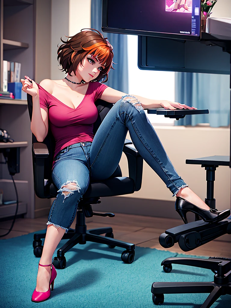 merula, sitting on a chair with her legs up, gaming chair, sexy pose, sitting pose, blue jeans, pink high heels , legs up, side view, nude tits