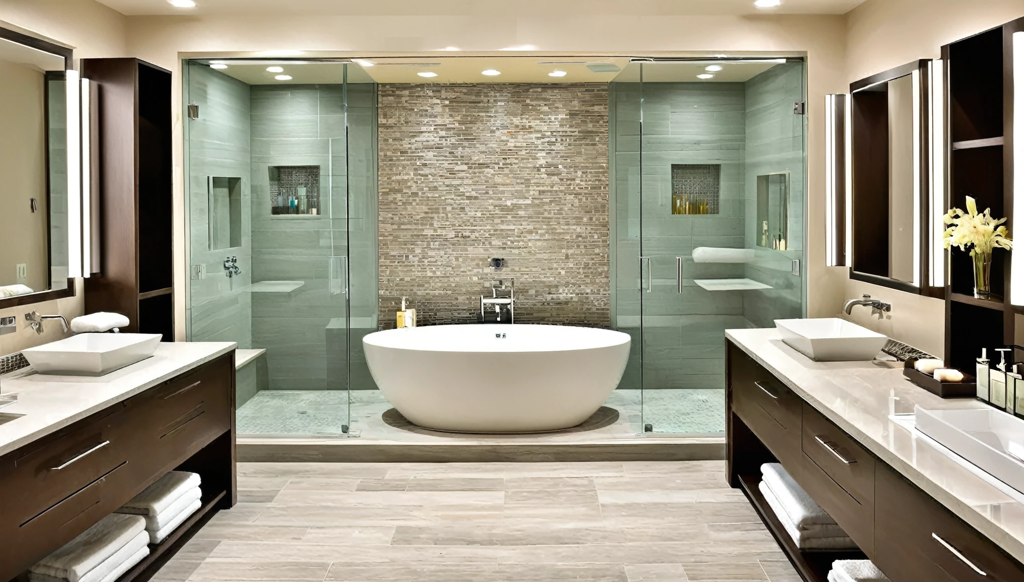 Craft an image of the bathroom, a space where innovation and elegance converge. Showcase high-tech fixtures, spa-like features, and a design that exudes sophistication and comfort.