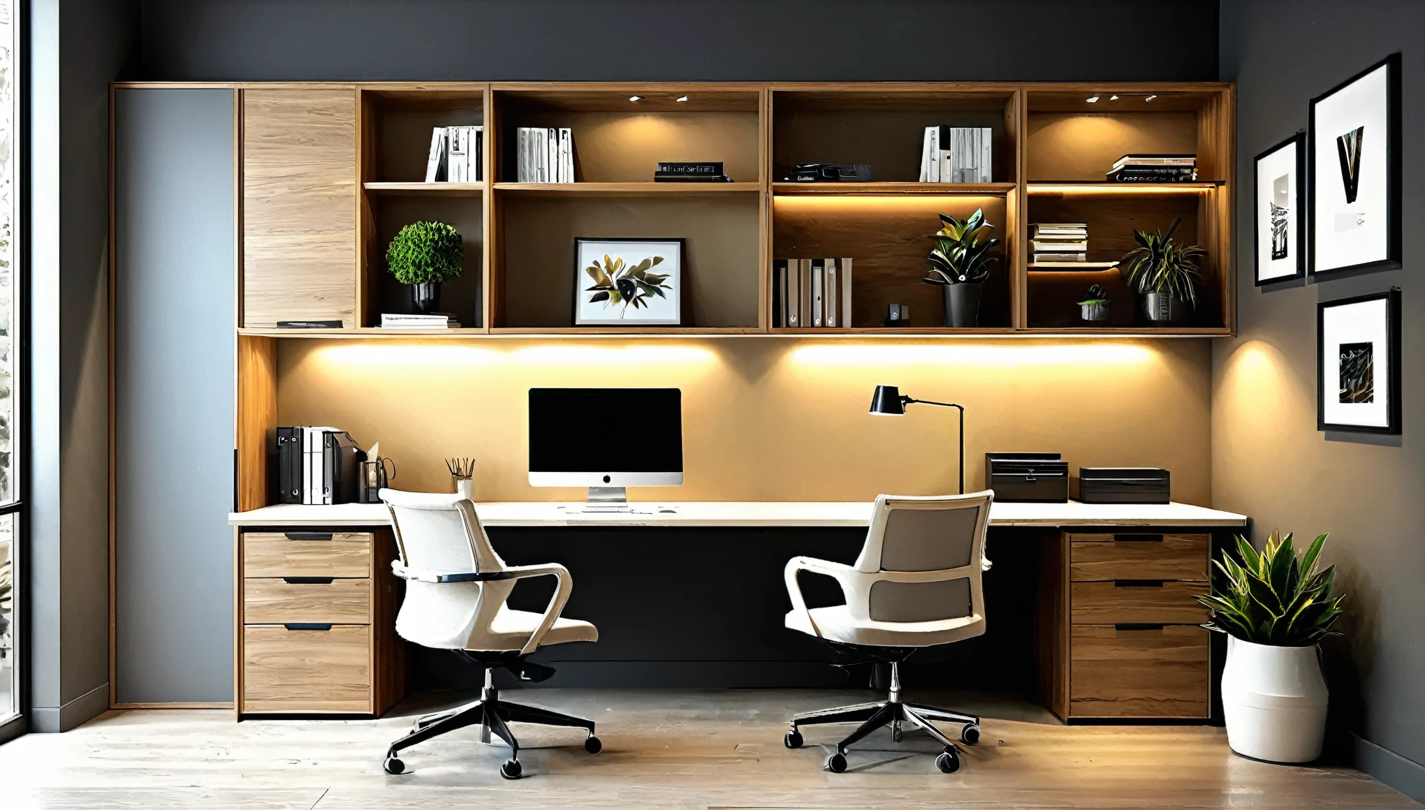 Create an image of the home office, a hub of productivity and style. Highlight an ergonomic workspace, advanced connectivity, and an inspiring design that fosters creativity