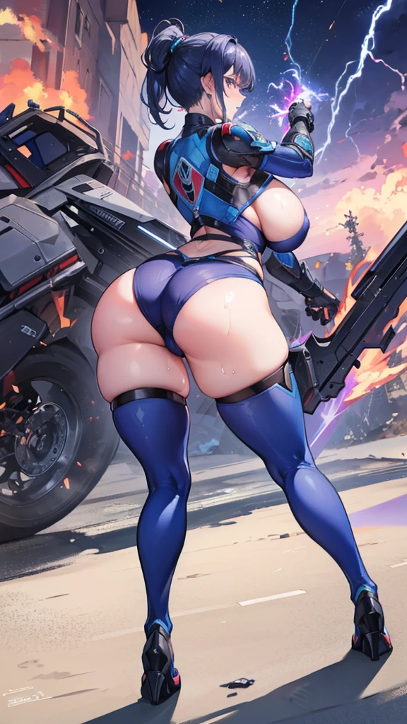 Full body armor shattered,Blue short hair,Sexy,Large Breasts,In battle,Sweat,fire,lipstick,Wave hairstyle,lightning,Mature wife,Big Ass,ponytail hairstyle