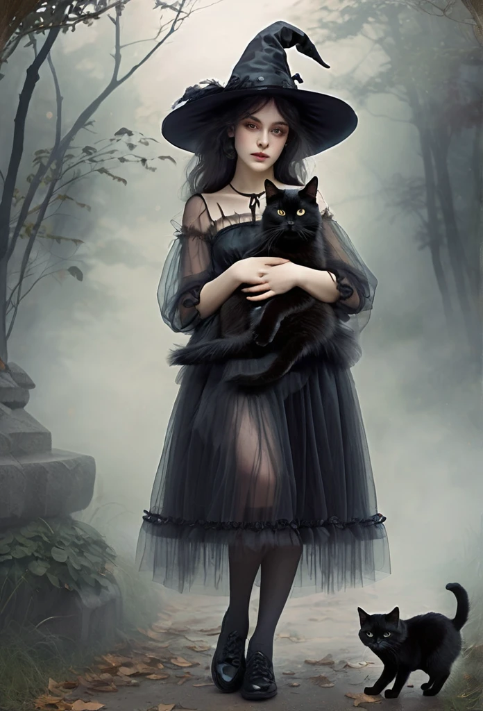 witch girl,full body,short tulled dress, translucent socks,shoes, cuddling a beautiful furry black cat,mist background,(high quality),(refined details),(delicate details),(fantasy illustration)