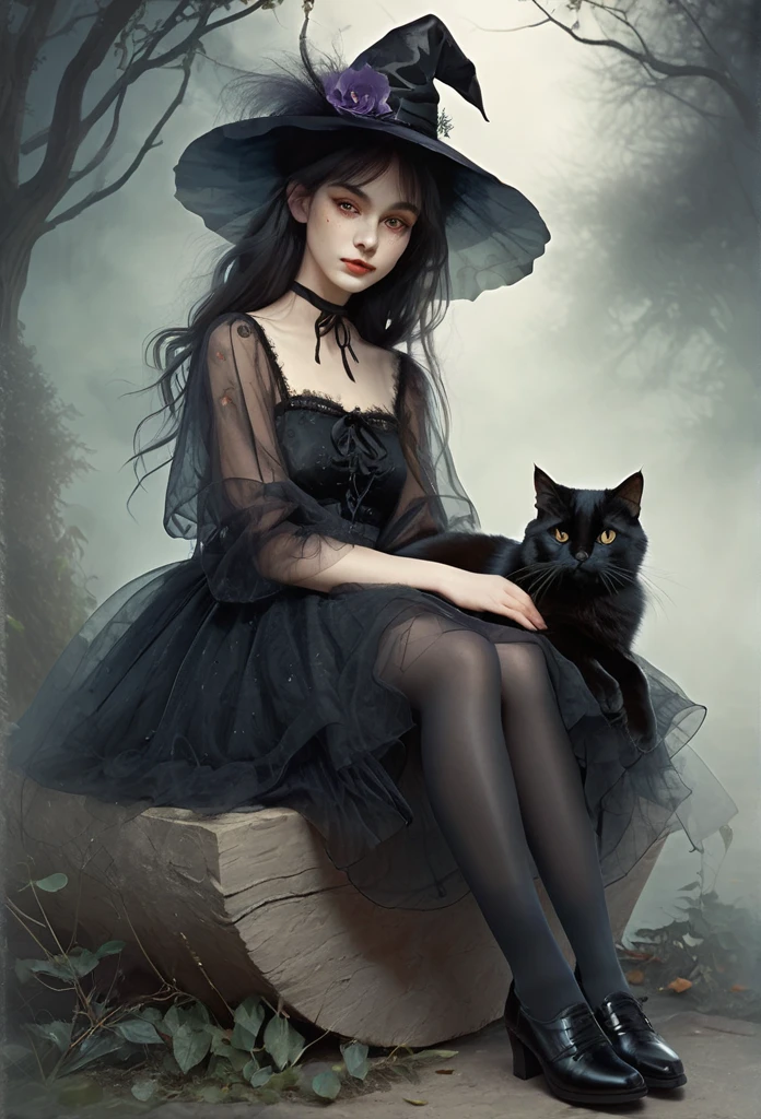 witch girl,full body,short tulled dress, translucent socks,shoes, cuddling a beautiful furry black cat,mist background,(high quality),(refined details),(delicate details),(fantasy illustration)