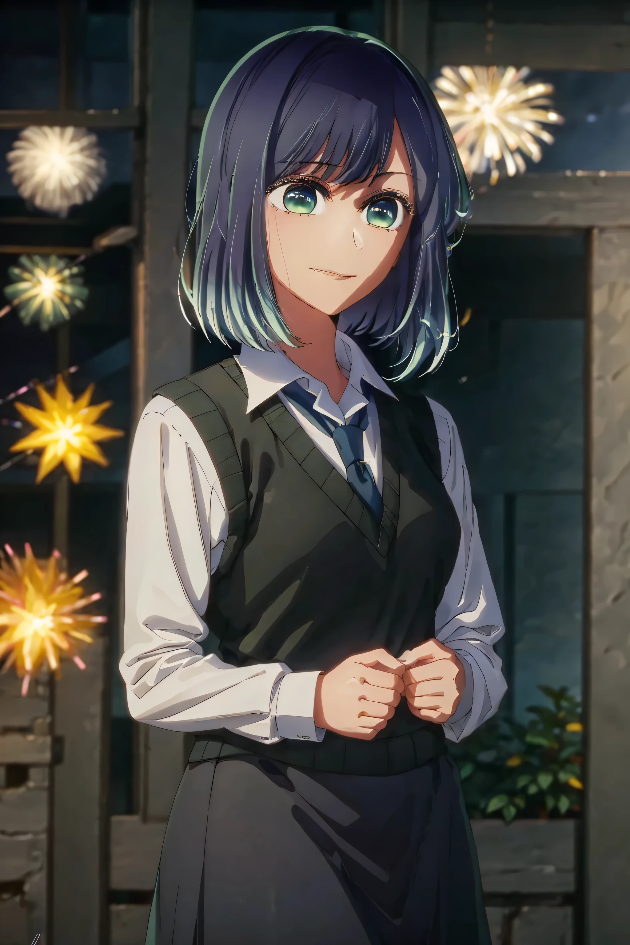 best quality, masterpiece, 1 girl, alone, beautiful, detailed eyes, shirt, blue tie, blue hair, white shirt, long sleeves, medium hair, collared shirt, vest, indoors, , bangs, vest, closed mouth , smile, green eyes, multicolored hair, black vest, short hair, faded hair, blue eyes, skirt, at a festival, festival lights, street, fireworks