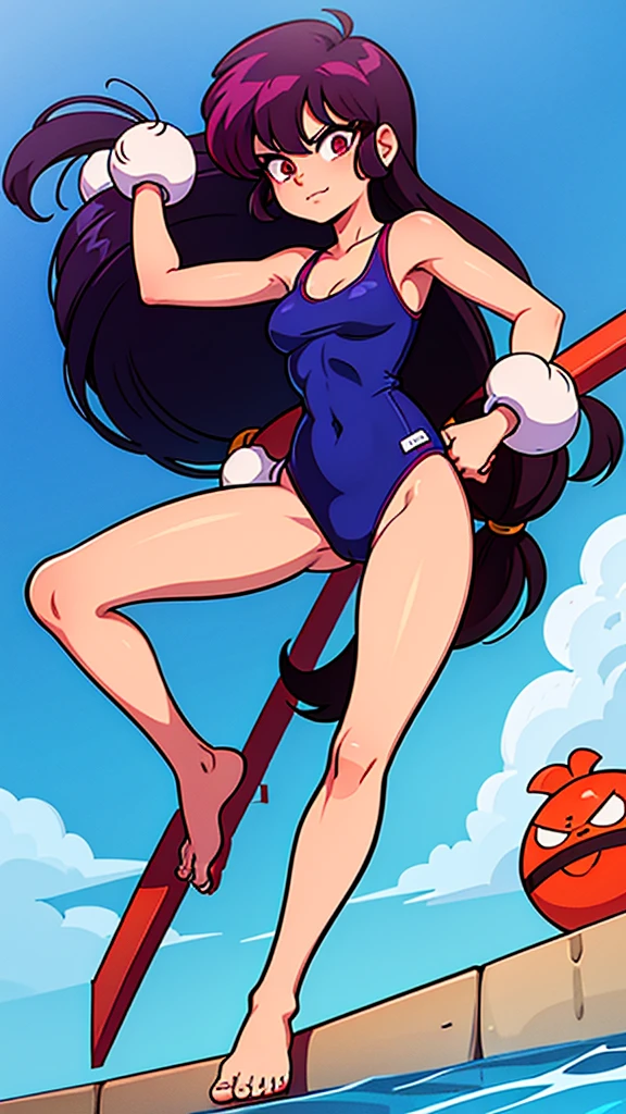 Ranma 1/2, agers, flirtatious, coda, shan poo san, naviki. Akane, and ranma in a swimming suit, fusion with Gan-g-star young man with long hair with ninja cut and perfectly manicured beard, handsome trying to make Ranma's wife fall in love with him 1/2