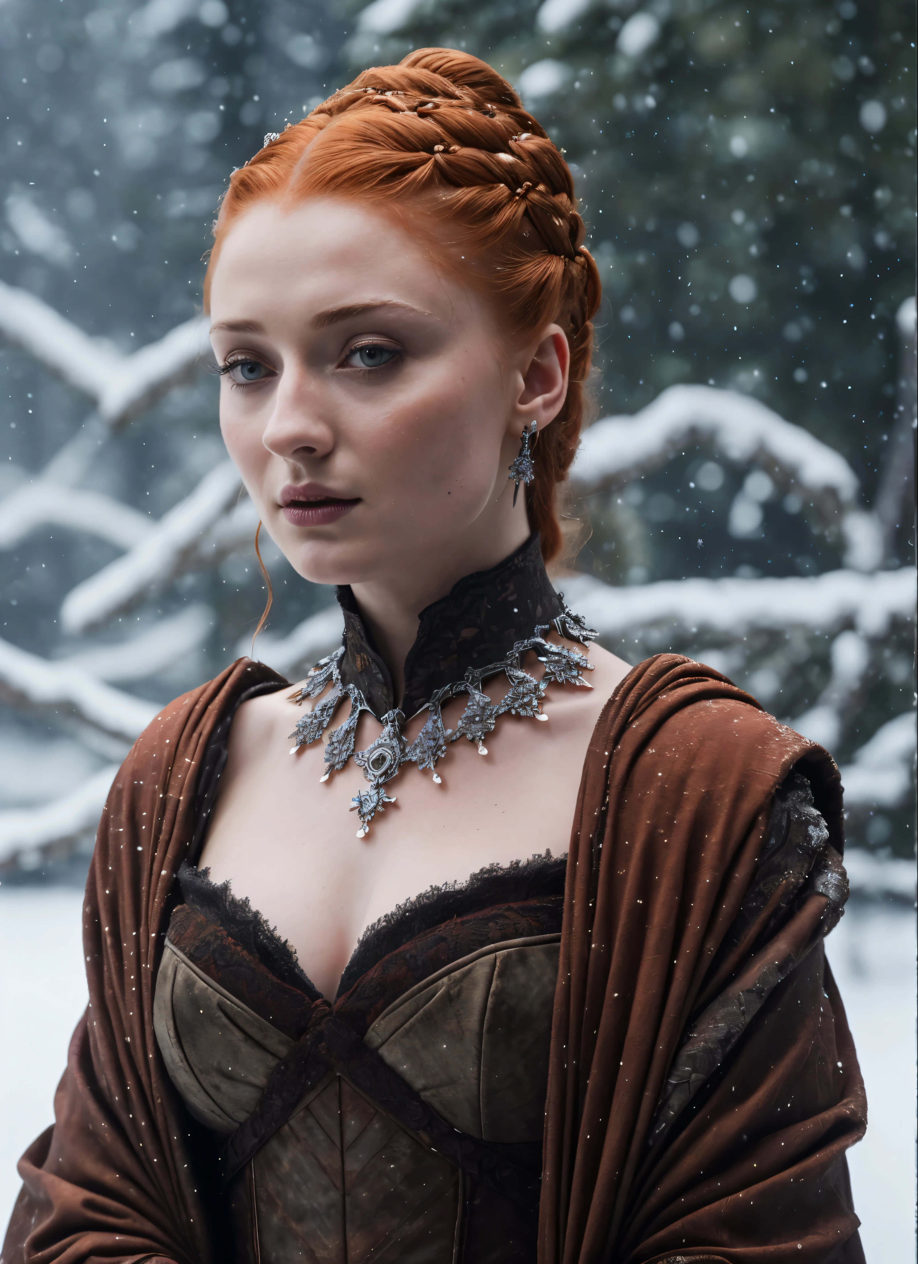 Face of Sophie Turner, Sansa Stark played by Sophie Turner, the de facto Lady of the Eyrie, is a 40-year-old mature queen with a stunning, alluring appearance. Full Face, pierced eyes, reddish lips, upper body shot, erotic Mediaeval costumes, game of thrones costumes, She wears a Game of Thrones-inspired costume and has a deep cleavage, a perfect thick body, and a perfect thick figure. The photograph captures her in a close-up, with her skin texture and facial features being ultra-realistic and realistic. Juicy thick figure, high quality skin, Skin pores, amazing details, snow, snow flakes, semi realistic, extremely detailed eyes, dark moody orange and black settings, cool environment, artificial intelligence