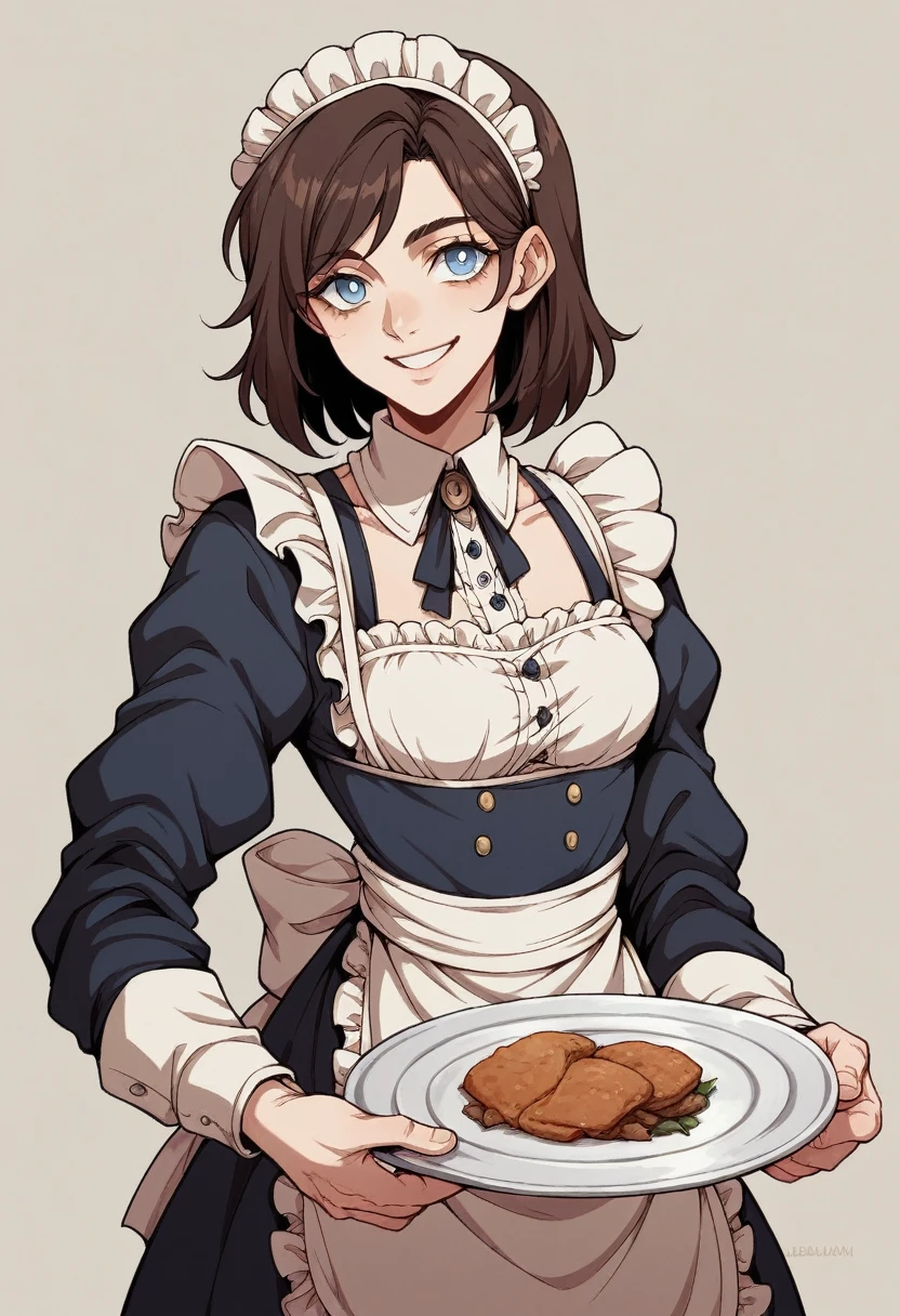 Dead Plate art style, dark brown hair, light blue eyes, pale skin, 'sexy' MaiD clothes, gentle perverted smile