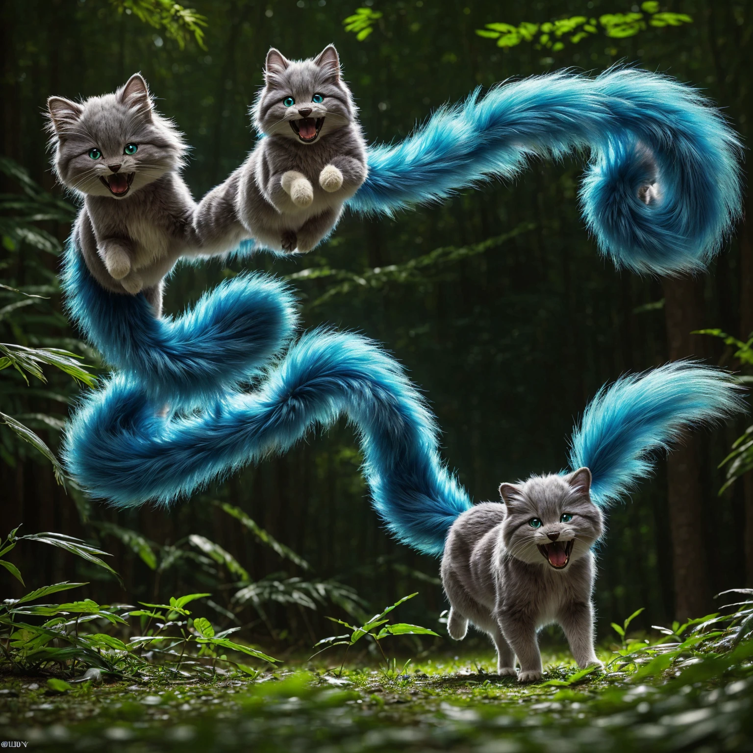 (A small, playful creature called Jidgy, furry turquoise body, round glowing eyes, scruffy hair, long bushy tail with various shades of blue, wide smile with sharp pearly white teeth, energetic movement, dancing in a vibrant cheerful forest setting with lush green foliage and radiant flowers, best quality, 4k, 8k, highres, masterpiece:1.2, ultra-detailed, realistic, photorealistic:1.37, HDR, UHD, studio lighting, ultra-fine painting, sharp focus, physically-based rendering, extreme detail description, professional, vivid colors, fantasy, digital art)