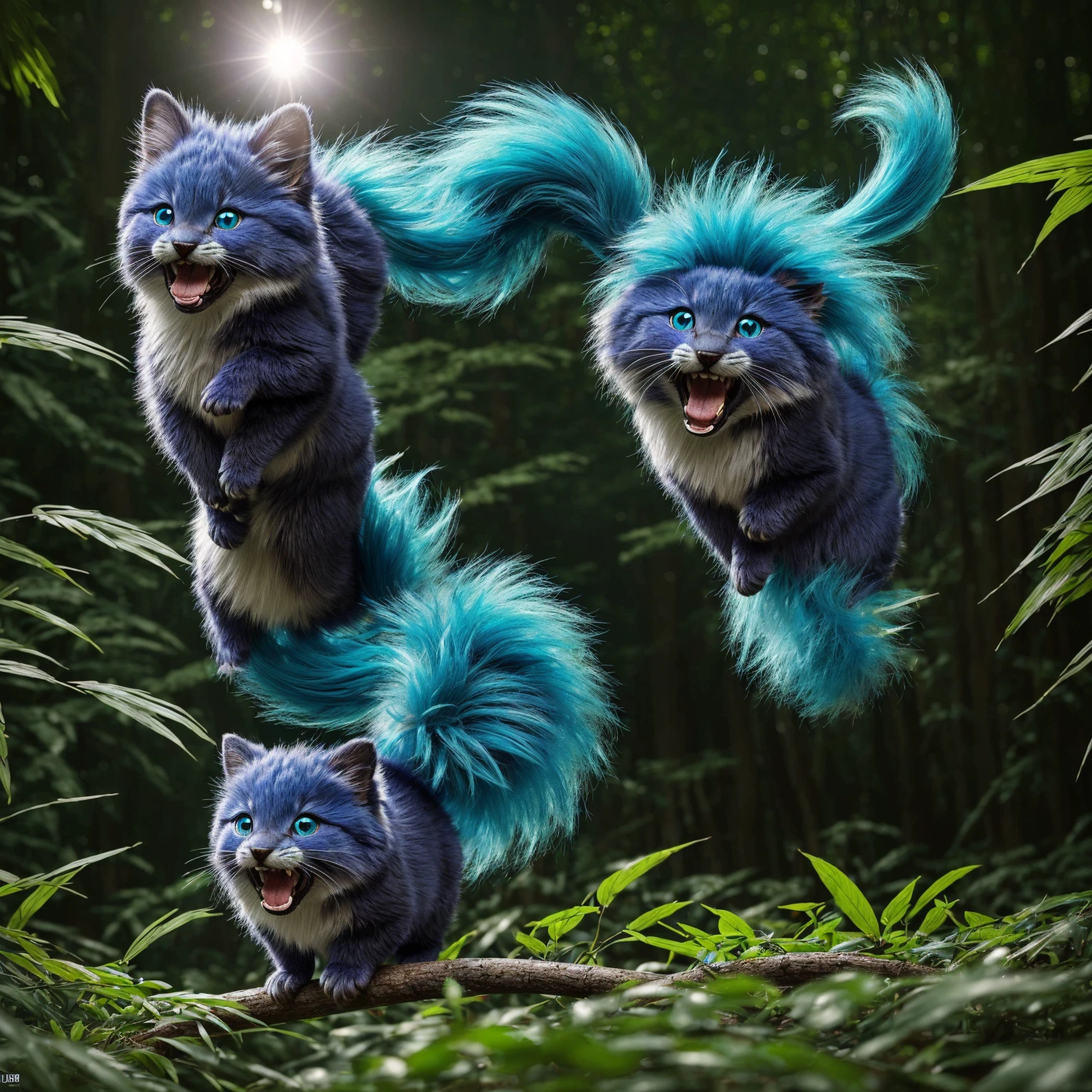 (A small, playful creature called Jidgy, furry turquoise body, round glowing eyes, scruffy hair, long bushy tail with various shades of blue, wide smile with sharp pearly white teeth, energetic movement, dancing in a vibrant cheerful forest setting with lush green foliage and radiant flowers, best quality, 4k, 8k, highres, masterpiece:1.2, ultra-detailed, realistic, photorealistic:1.37, HDR, UHD, studio lighting, ultra-fine painting, sharp focus, physically-based rendering, extreme detail description, professional, vivid colors, fantasy, digital art)