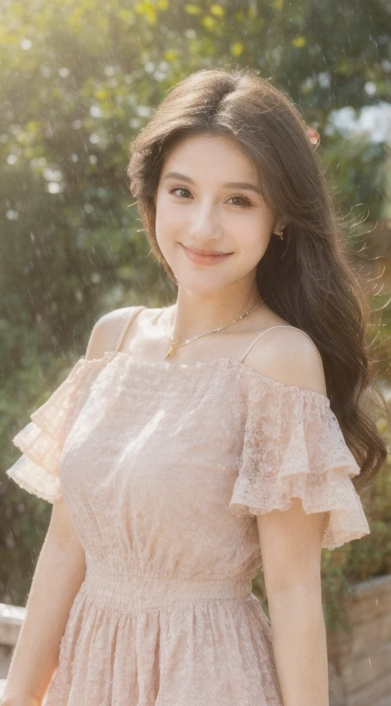 ((Best Quality, 8K, Masterpiece:1.3)), Focus: 1.2, Perfect Body Beauty: 1.4, Buttocks: 1.2, ((Layered Haircut, Breasts: 1.2)), (Wet Clothes: 1.1), (Rain, Street:1.3), Bandeau Dress: 1.1, Highly Detailed Face and Skin Texture, Fine Eyes, Double Eyelids, Whitening Skin, Long Hair, (Shut Up: 1.3), Smile "Create a high-quality profile picture of a young Latina woman named Bella Rivera. She is 24 years old, with a softer, curvier build and a warm medium-tan complexion. Bella has an oval-shaped face with high cheekbones, almond-shaped dark brown eyes, and thick, well-groomed eyebrows with a natural arch. Her nose is straight with a slight elegant curve, and she has full lips with a natural pink hue. Bella has a bright, warm smile with subtle dimples, and a small beauty mark above her upper lip on the left side. Her long, wavy hair is deep brown with natural highlights.
In this photo, Bella is wearing a casual yet feminine outfit. She is dressed in a flowy, floral-patterned sundress that highlights her curves and enhances her soft build. The dress has a light, pastel color palette and delicate details such as ruffles or lace. She accessorizes with simple, elegant jewelry like small hoop earrings, a delicate necklace, and a couple of bracelets. Her makeup is natural, with a focus on her bright smile and expressive eyes.
Bella should be standing or sitting in a relaxed and comfortable pose, perhaps holding a cup of coffee or a bouquet of flowers, to enhance the casual and feminine vibe. The background should be a softly blurred outdoor setting, like a park or garden, with natural light highlighting her features and outfit."