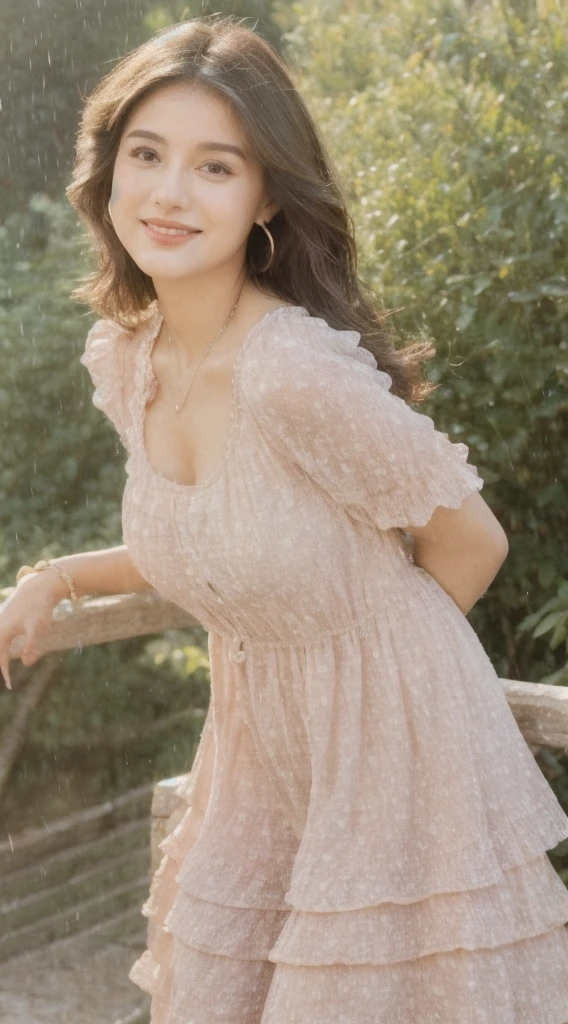 ((Best Quality, 8K, Masterpiece:1.3)), Focus: 1.2, Perfect Body Beauty: 1.4, Buttocks: 1.2, ((Layered Haircut, Breasts: 1.2)), (Wet Clothes: 1.1), (Rain, Street:1.3), Bandeau Dress: 1.1, Highly Detailed Face and Skin Texture, Fine Eyes, Double Eyelids, Whitening Skin, Long Hair, (Shut Up: 1.3), Smile "Create a high-quality profile picture of a young Latina woman named Bella Rivera. She is 24 years old, with a softer, curvier build and a warm medium-tan complexion. Bella has an oval-shaped face with high cheekbones, almond-shaped dark brown eyes, and thick, well-groomed eyebrows with a natural arch. Her nose is straight with a slight elegant curve, and she has full lips with a natural pink hue. Bella has a bright, warm smile with subtle dimples, and a small beauty mark above her upper lip on the left side. Her long, wavy hair is deep brown with natural highlights.
In this photo, Bella is wearing a casual yet feminine outfit. She is dressed in a flowy, floral-patterned sundress that highlights her curves and enhances her soft build. The dress has a light, pastel color palette and delicate details such as ruffles or lace. She accessorizes with simple, elegant jewelry like small hoop earrings, a delicate necklace, and a couple of bracelets. Her makeup is natural, with a focus on her bright smile and expressive eyes.
Bella should be standing or sitting in a relaxed and comfortable pose, perhaps holding a cup of coffee or a bouquet of flowers, to enhance the casual and feminine vibe. The background should be a softly blurred outdoor setting, like a park or garden, with natural light highlighting her features and outfit."