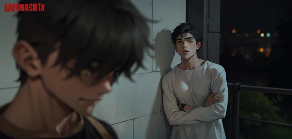 young 19-year-old male with white hair and yellow eyes, wearing a black tunic, thoughtful, speaking out loud.