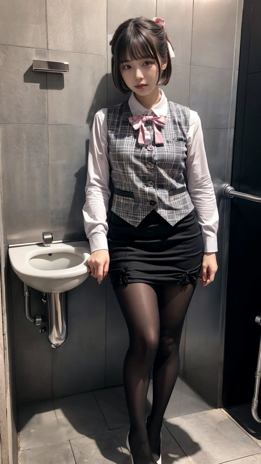 (8K, RAW Photos, Highest quality, masterpiece:1.2), (professional photography, full colors, studio-caliber color grading), (Gravure quality for high-end fashion magazines),  BREAK,18 year old girl, short bob hair, crying a little, Harajuku style, Big Natural Color Lip, (Plumpy body:1.2), (smooth skin:1.1), (huge breasts:1.2),  BREAK (white and gray theme:1.3), (wearing a [[white and gray plaid pattern]] vest over a long sleeve white collared-shirt:1.4), (buttoned gray vest:1.2),
BREAK (pink theme:1.2), (pink ribbon bow:1.3),
BREAK (black theme:1.4), (tight black pencil skirt:1.5 (pantyhose:1.3 (high heels:1.1 BREAK (Toilet cubicles:1.2 (urinal)