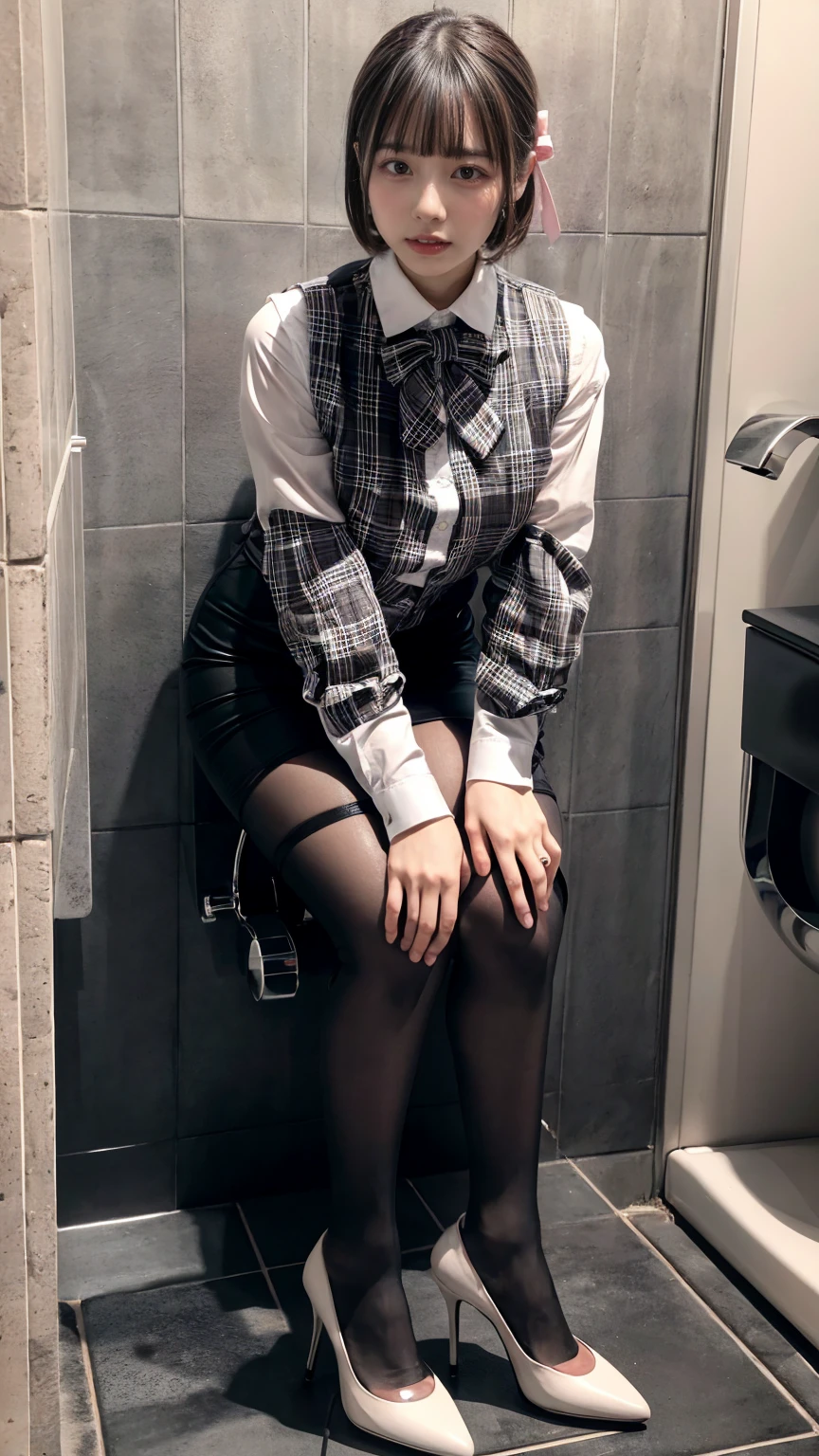 (8K, RAW Photos, Highest quality, masterpiece:1.2), (professional photography, full colors, studio-caliber color grading), (Gravure quality for high-end fashion magazines),  BREAK,18 year old girl, short bob hair, crying a little, Harajuku style, Big Natural Color Lip, (Plumpy body:1.2), (smooth skin:1.1), (huge breasts:1.2),  BREAK (white and gray theme:1.3), (wearing a [[white and gray plaid pattern]] vest over a long sleeve white collared-shirt:1.4), (buttoned gray vest:1.2),
BREAK (pink theme:1.2), (pink ribbon bow:1.3),
BREAK (black theme:1.4), (tight black pencil skirt:1.5 (pantyhose:1.3 (high heels:1.1 BREAK (Toilet cubicles:1.2 (urinal)