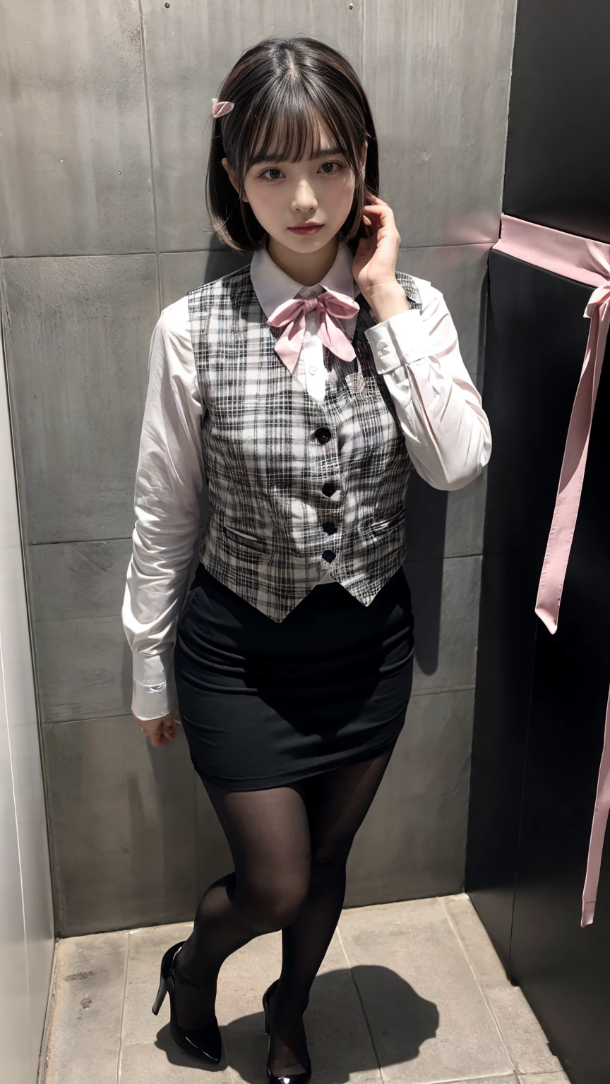 (8K, RAW Photos, Highest quality, masterpiece:1.2), (professional photography, full colors, studio-caliber color grading), (Gravure quality for high-end fashion magazines),  BREAK,18 year old girl, short bob hair, crying a little, Harajuku style, Big Natural Color Lip, (Plumpy body:1.2), (smooth skin:1.1), (huge breasts:1.2),  BREAK (white and gray theme:1.3), (wearing a [[white and gray plaid pattern]] vest over a long sleeve white collared-shirt:1.4), (buttoned gray vest:1.2),
BREAK (pink theme:1.2), (pink ribbon bow:1.3),
BREAK (black theme:1.4), (tight black pencil skirt:1.5 (pantyhose:1.3 (high heels:1.1 BREAK (Toilet cubicles:1.2 (urinal)