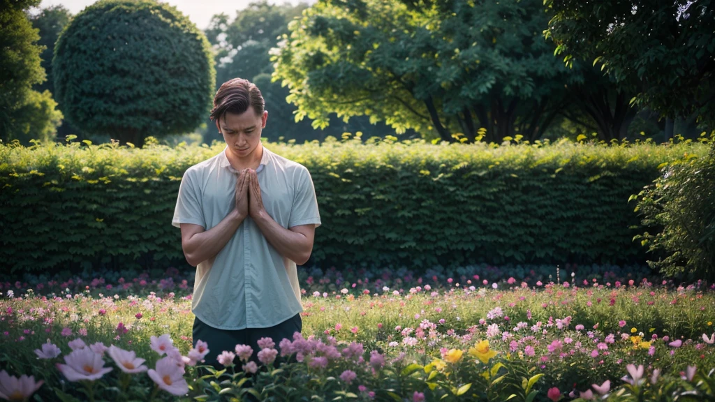 Cinematic, a man praying in a garden, wide shot, lush greenery and blooming flowers, casual summer attire, 2024, Ektachrome film stock, Leica M6, directed by Terrence Malick, peaceful and reflective emotion, golden hour lighting, vibrant and natural colors.